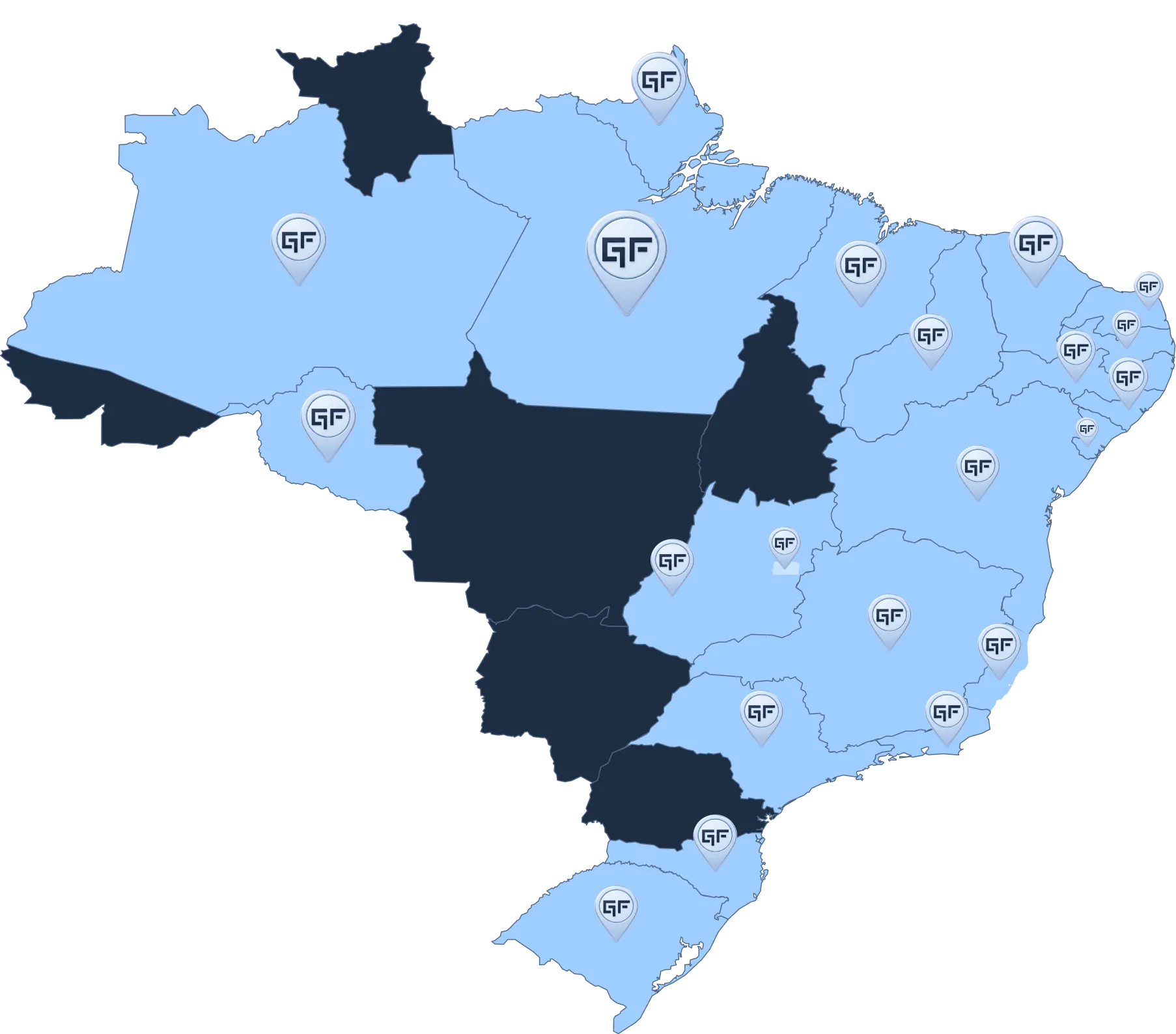 Mapa do Brasil com estados atendidos pela GF